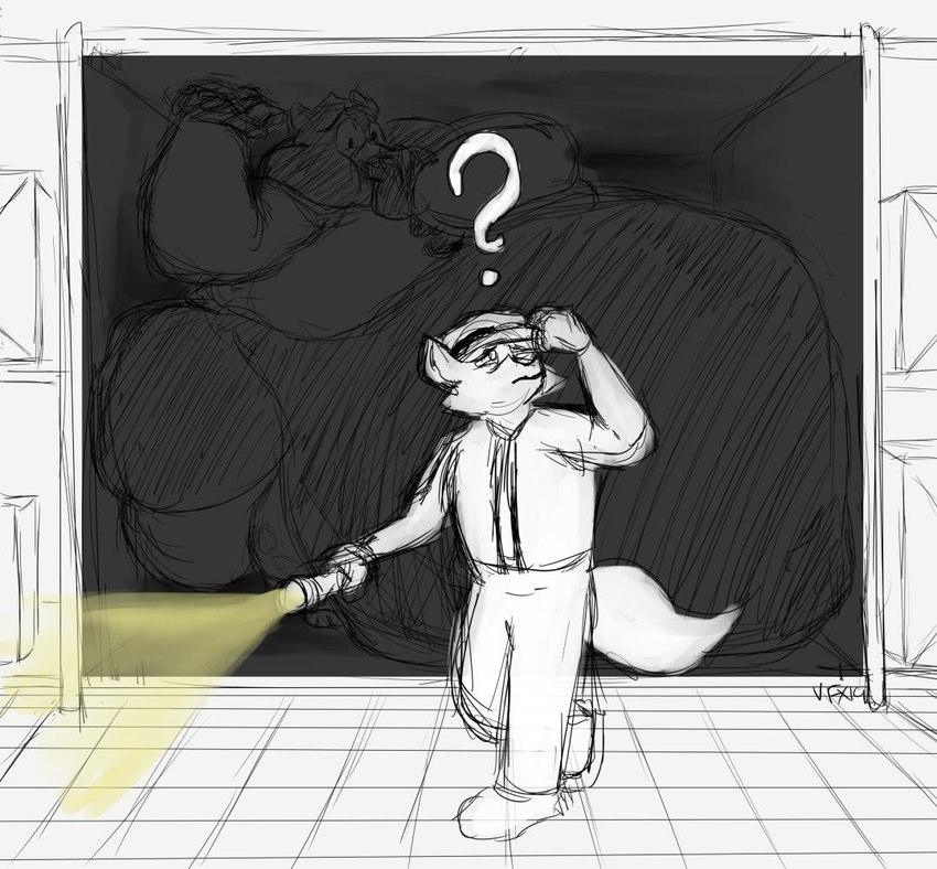 anthro belly belly_press big_belly big_butt big_cheeks butt button_(fastener) chubby_cheeks clothed clothing covering covering_mouth covering_own_mouth covering_self dark_body dark_fur duo exposed_belly flashlight fur hand_on_ceiling holding_flashlight holding_object huge_belly huge_cheeks hyper hyper_belly male morbidly_obese morbidly_obese_anthro morbidly_obese_male narrowed_eyes obese obese_anthro obese_male overweight overweight_anthro overweight_male question_mark security security_guard shelf squint straining_buttons thick_thighs towerhyena sneak_feast monsieur_leblanc felid mammal pantherine 2019 sketch