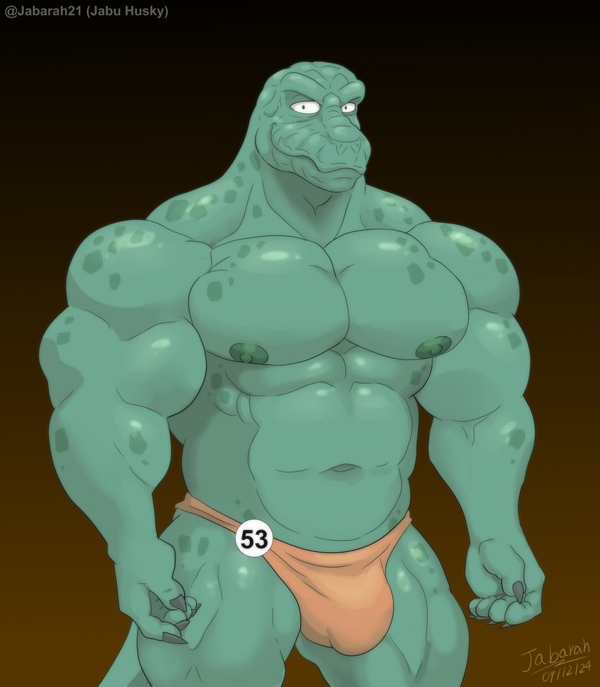 anthro biceps biped bulge clothing detailed_bulge male male_anthro muscular muscular_anthro muscular_male navel nipples pecs scales solo thong underwear jabuhusky beastars gosha_(beastars) komodo_dragon lizard monitor_lizard reptile scalie 2024 hi_res