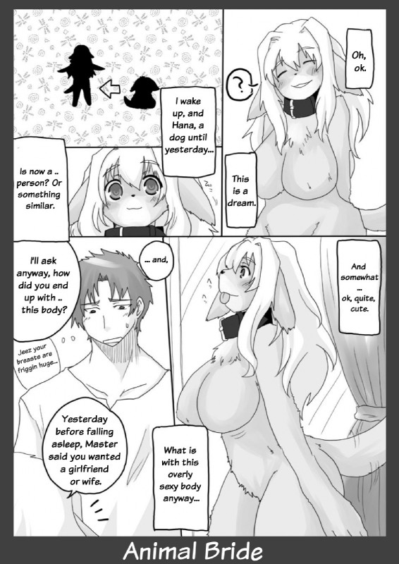 animal_bride anthro blush bodily_fluids breasts collar dialogue directional_arrow duo female male sweat sweatdrop tail text tongue tongue_out shinobe animal_bride_1 canid canine canis domestic_dog human mammal comic english_text greyscale hi_res monochrome pictographics translated