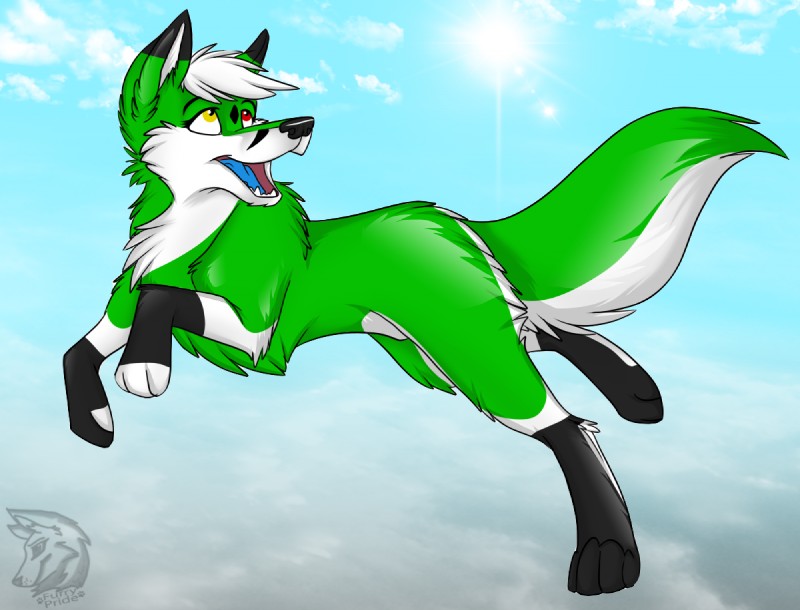 4_toes claws digitigrade feet female feral fur green_body green_fur hair heterochromia jumping paws quadruped solo tail toes white_hair fox_fury absinthy canid canine fox mammal 2013