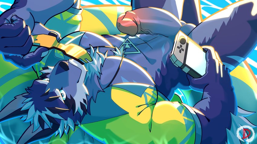 abs anthro balls blue_body blue_eyes blue_fur erection eyewear fur genitals male muscular muscular_anthro muscular_male pecs penis solo sunglasses swim_ring water dingding_(artist) lifewonders tokyo_afterschool_summoners tindalos_(tas) canid canine canis mammal wolf 16:9 hi_res widescreen