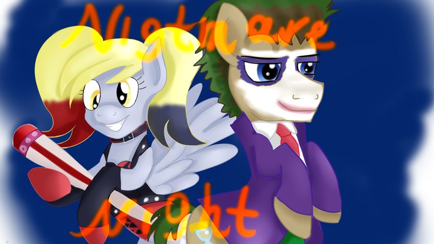 alternate_hairstyle baseball_bat bat_(object) cosplay duo female holidays male standing text wings jbond batman_(series) dc_comics friendship_is_magic halloween hasbro joker_(2019_film) my_little_pony mythology derpy_hooves_(mlp) doctor_whooves_(mlp) harley_quinn earth_pony equid equine horse mammal mythological_creature mythological_equine pegasus pony 16:9 hi_res widescreen