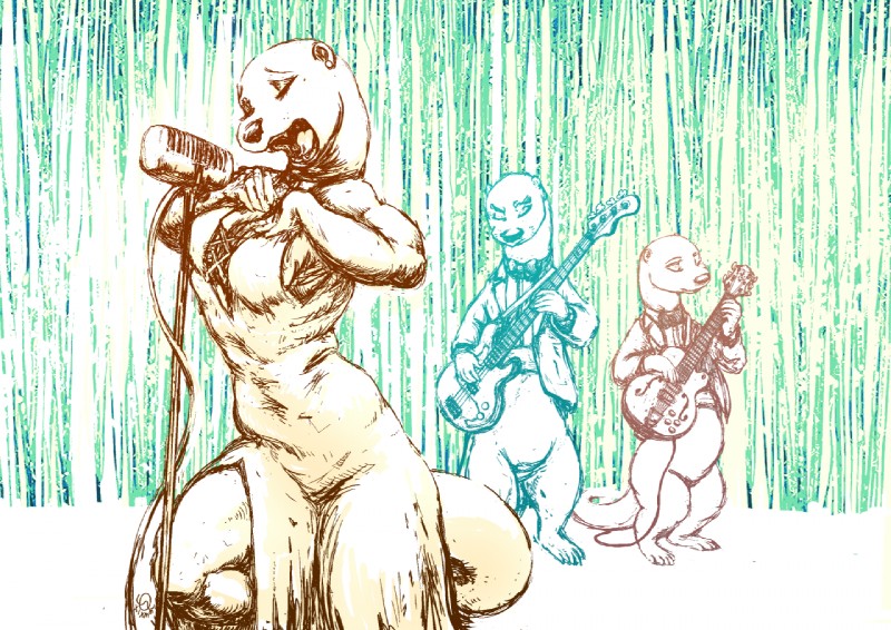 anthro black_tie_(suit) bottomless bow_(feature) bow_tie breasts cleavage clothed clothing dress electronics eyes_closed featureless_crotch female fully_clothed group guitar male microphone musical_instrument open_mouth playing_music plucked_string_instrument singing string_instrument suit oddwilds nudel mammal mustelid otter restricted_palette