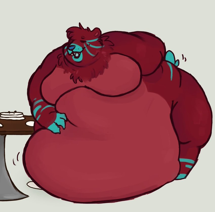 anthro belly big_belly fur hand_on_belly huge_belly hyper hyper_belly male markings morbidly_obese obese overweight red_body red_fur solo weight_gain portlypigeon bear mammal