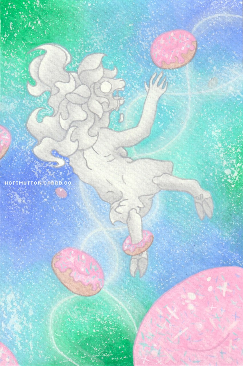 addiction anthro bodily_fluids cosmic_background dessert doughnut drooling empty_eyes female floating food hair long_hair open_mouth pastry saliva solo sparkles sprinkles star white_body hottmutton bovid caprine mammal sheep absurd_res gouache_(artwork) hi_res