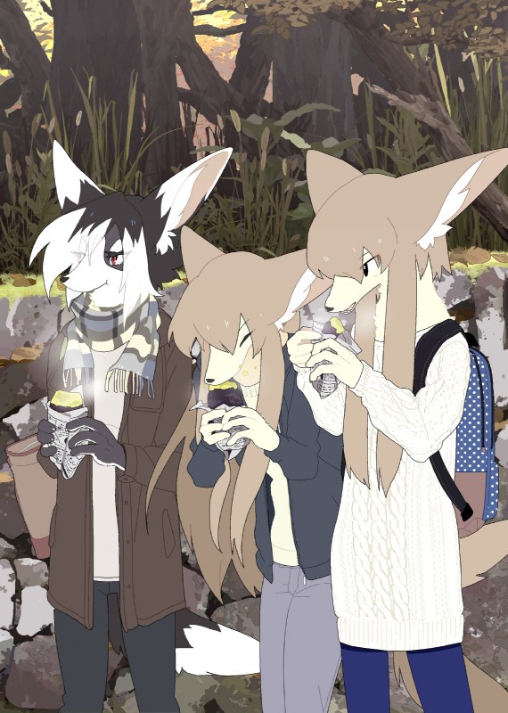 anthro backpack bottomwear clothed clothing detailed_background female fluffy fluffy_tail food fur grey_body grey_fur group holding_object jacket outside pants red_eyes scarf standing sweater tail tan_body tan_fur topwear white_body white_fur taracod canid canine mammal 2018 hi_res