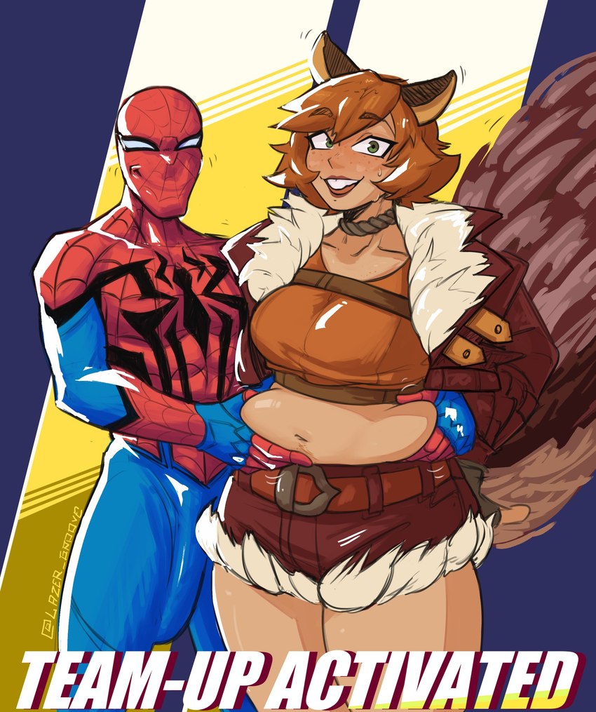 5_fingers belly_grab belt big_breasts biped bodily_fluids breasts brown_hair brown_tail buckteeth bulge clothed clothed_female clothed_humanoid clothing countershade_fur countershade_tail countershading detailed_bulge duo erection erection_under_clothing eyebrow_through_hair eyebrows eyelashes female female_humanoid fingers freckles fully_clothed fully_clothed_female fully_clothed_human fully_clothed_humanoid fully_clothed_male fur fur_lined_bottomwear fur_lined_clothing fur_lined_jacket fur_lined_shorts genital_outline hair jacket male mask navel official_alternate_costume open_clothing open_jacket open_topwear penis_outline pink_body pink_skin slightly_chubby slightly_chubby_female slightly_chubby_humanoid smile smirk spandex superhero superhero_costume sweat sweatdrop tail teeth thick_thighs tight_clothing topwear translucent translucent_hair wearing_mask lazergroove marvel marvel_rivals spider-man_(series) spider-man_(character) squirrel_girl_(marvel) animal_humanoid human humanoid mammal mammal_humanoid rodent rodent_humanoid sciurid sciurid_humanoid tree_squirrel_humanoid 2024 absurd_res hi_res