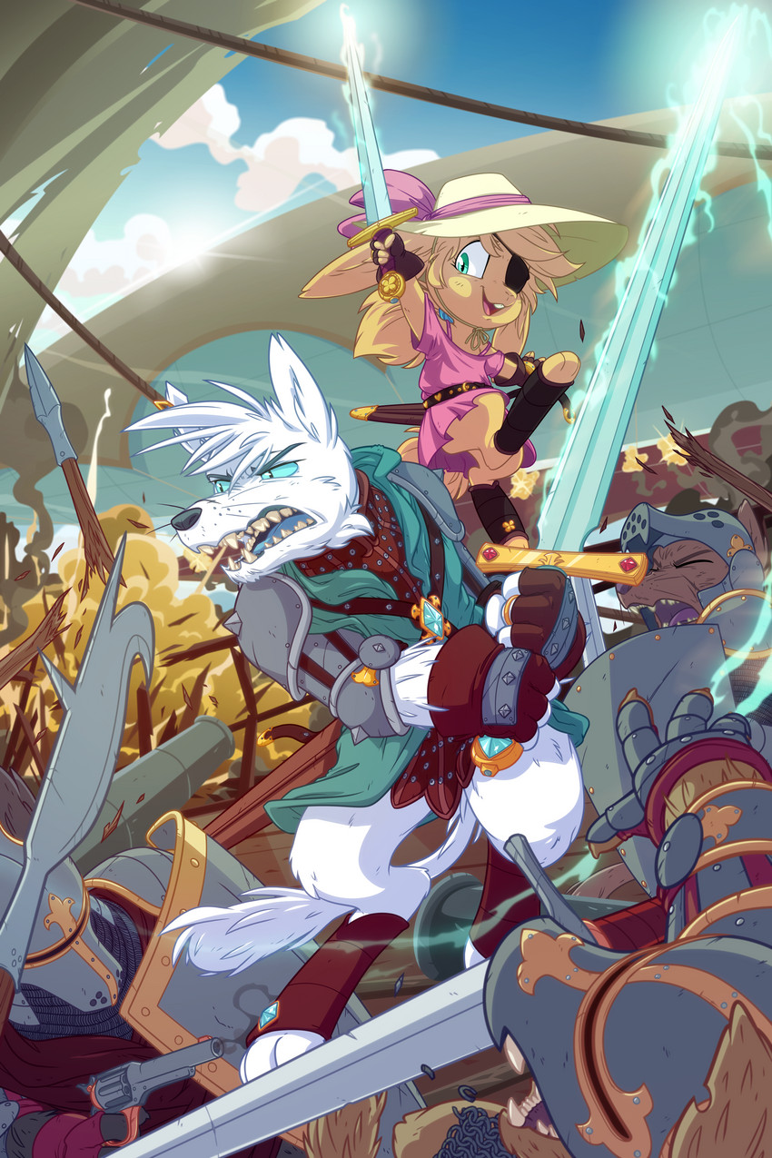 anthro black_nose blue_eyes clothed clothing day detailed_background female fur green_eyes group hair holding_melee_weapon holding_object holding_sword holding_weapon male melee_weapon outside sky sword weapon white_body white_fur white_hair young goatanimedatingsim friendship_is_magic hasbro my_little_pony canid canine canis diamond_dog_(mlp) lagomorph leporid mammal rabbit wolf 2:3 absurd_res digital_media_(artwork) hi_res