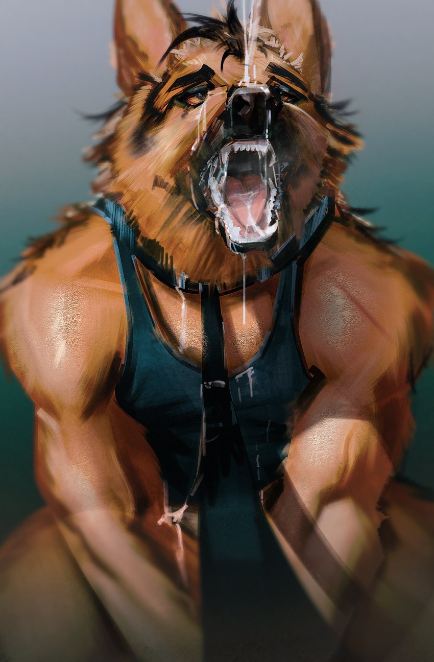 ambiguous_fluids anthro bdsm black_nose blue_clothing blue_shirt blue_tank_top blue_topwear bodily_fluids brown_body brown_fur clothing collar cum cum_drip cum_in_mouth cum_inside cum_on_face drinking dripping fangs first_person_view fluid_on_face fur genital_fluids leash leash_collar leashed_male leashing_pov looking_up male male_anthro muscular muscular_anthro muscular_male open_mouth pecs petplay pointy_ears roleplay saliva saliva_on_tongue saliva_string sharp_teeth shirt solo submissive submissive_male tank_top teeth tongue topwear toothlee canid canine canis domestic_dog german_shepherd herding_dog mammal pastoral_dog absurd_res hi_res shaded