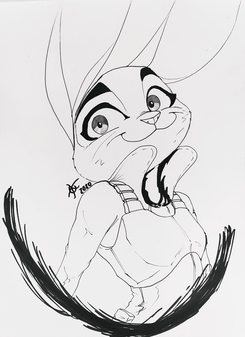 anthro clothed clothing fur simple_background smile solo white_background jaff96 disney zootopia judy_hopps lagomorph leporid mammal rabbit 2020 black_and_white hi_res monochrome sketch