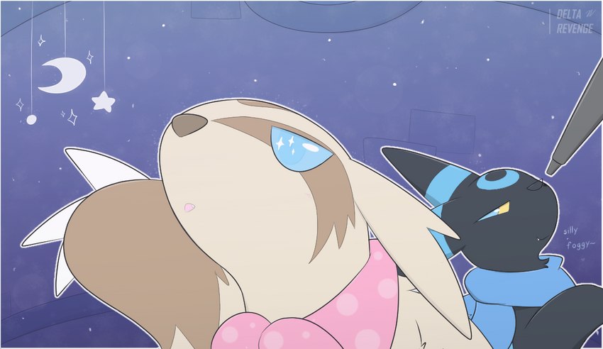 blue_background blue_eyes duo female male moon open_mouth scarf simple_background star text delta-eon nintendo pokemon pokemon_mystery_dungeon spike_chunsoft wanderlust fan_character foglia_(wanderlust) kaz_mercais canid canine eeveelution generation_2_pokemon generation_3_pokemon linoone mammal pokemon_(species) shiny_pokemon umbreon digital_media_(artwork) english_text