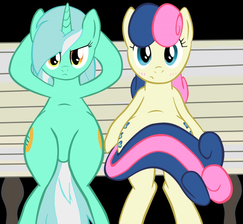 bench blush duo female horn on_bench sitting tail wings tg-0 friendship_is_magic hasbro my_little_pony mythology bonbon_(mlp) lyra_heartstrings_(mlp) earth_pony equid equine horse mammal mythological_creature mythological_equine pony unicorn absurd_res alpha_channel hi_res