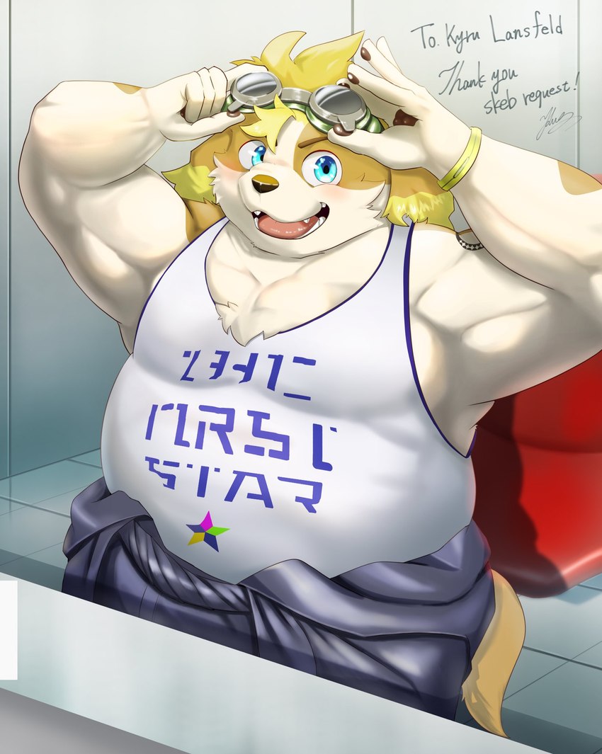 anthro belly biceps blonde_hair blue_eyes blush clothing eyewear floppy_ears goggles hair male musclegut muscular pecs shirt smile solo tank_top topwear kt0414143919 lifewonders live_a_hero hisaki_(live_a_hero) canid canine canis domestic_dog mammal hi_res