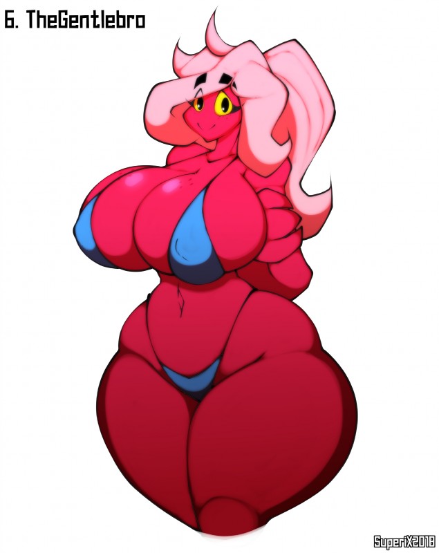 big_breasts bikini breasts cleavage clothed clothing curvy_figure female huge_breasts nipple_outline not_furry red_body red_skin solo swimwear thick_thighs two-piece_swimsuit voluptuous wide_hips superix kyoob_(thegentlebro) humanoid mimic absurd_res hi_res