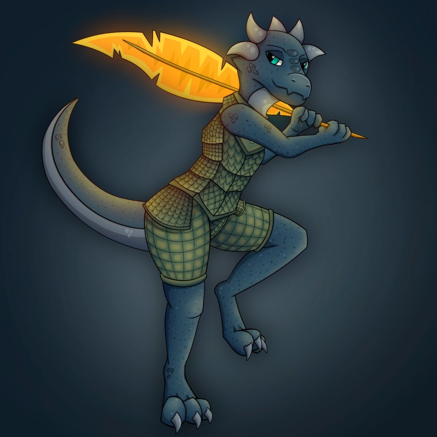 adventurer anthro armor blade blue_body blue_eyes claws horn male scales solo tail blen4k kobold scalie 1:1 2023 hi_res