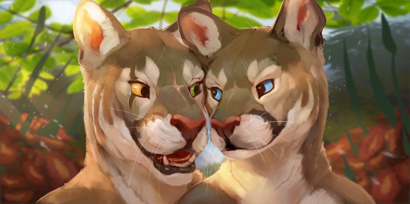 anthro blue_eyes duo female green_eyes heterochromia male nude open_mouth outside smile yellow_sclera blindcoyote skan_drake skanita_drake cougar felid feline mammal absurd_res digital_media_(artwork) hi_res huge_filesize