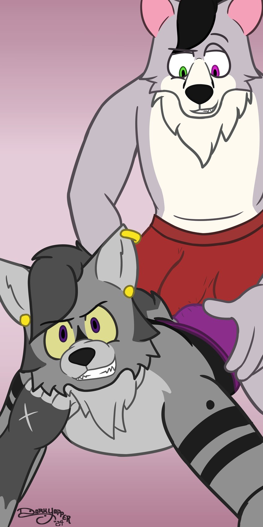 anthro biped bulge clothing detailed_bulge duo foxstep fur genital_outline grey_body grey_fur heterochromia male male/male male_anthro penis_outline piercing purple_clothing purple_eyes purple_underwear red_clothing red_underwear romantic romantic_couple selfie sex simple_background underwear yeik_ancient darkyapper canid canine canis fox mammal wolf 1:2 absurd_res digital_media_(artwork) hi_res