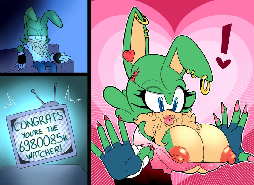 anthro big_breasts breast_growth breasts ear_piercing eyelashes female gender_transformation growth huge_breasts lips male mtf_transformation nipples piercing solo thick_lips transformation missphase sega sonic_the_hedgehog_(series) fan_character lagomorph leporid mammal rabbit