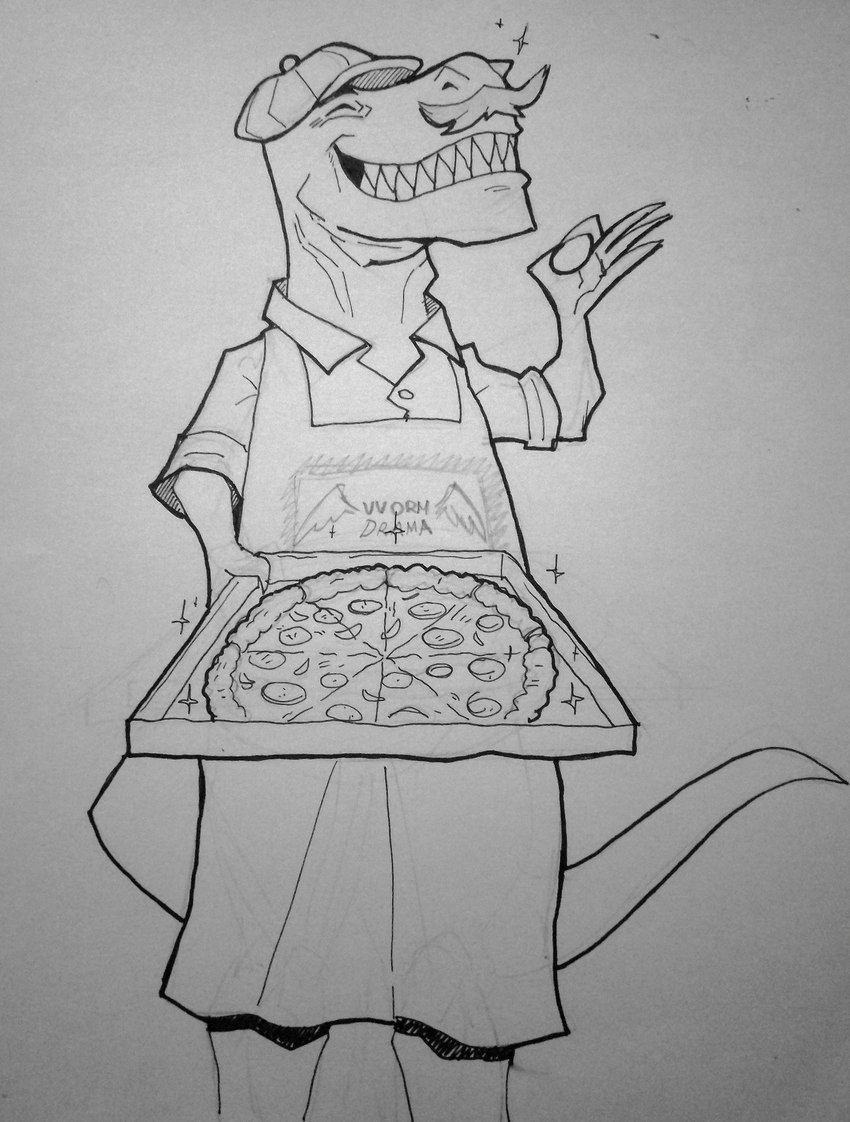 anthro apron claws clothing dress_shirt facial_hair fingers food gesture hand_gesture hat headgear headwear long_tail male mustache ok_sign pizza sharp_teeth shirt smile solo tail teeth topwear unknown_artist cavemanon_studios snoot_game moe_(snoot_game) dinosaur prehistoric_species reptile scalie theropod tyrannosaurid tyrannosauroid tyrannosaurus tyrannosaurus_rex 2023 black_and_white hi_res monochrome sketch