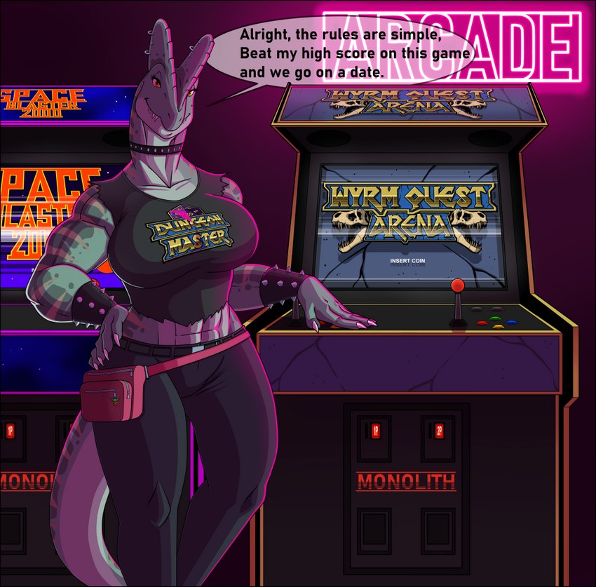 abs anthro arcade arcade_machine big_breasts biped black_bottomwear black_clothing black_pants black_shirt black_topwear bottomwear bracelet breasts choker clothed clothing crop_top detailed_background dialogue fanny_pack female front_view furgonomics furry-specific_piercing hand_on_hip inside jewelry looking_at_viewer midriff muscular muscular_anthro muscular_female necklace non-mammal_breasts orange_eyes pants piercing sharp_teeth shirt sleeveless_shirt solo speech_bubble spiked_bracelet spiked_choker spikes standing teeth text topwear lordstevie dylian_hailford dilophosaurid dilophosaurus dinosaur prehistoric_species reptile scalie theropod 2021 english_text portrait three-quarter_portrait