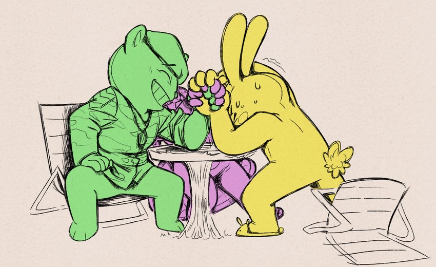 anthro arm_wrestling bodily_fluids clothed clothing group long_ears male simple_background struggling sweat teeth loodles happy_tree_friends cuddles_(htf) flippy_(htf) toothy_(htf) bear beaver lagomorph leporid mammal rabbit rodent