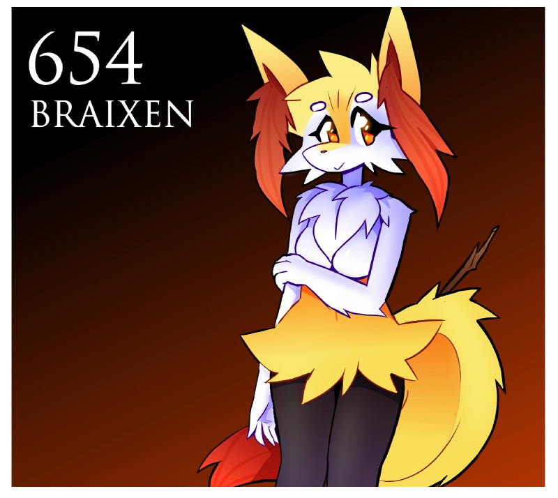 anthro border breasts cheek_tuft chest_tuft facial_tuft featureless_breasts female fur holding_arm inner_ear_fluff multicolored_body multicolored_fur nude orange_eyes pokemorph simple_background smile solo stick tuft white_body white_border white_fur yellow_body yellow_fur inget nintendo pokemon braixen canid canine generation_6_pokemon mammal pokemon_(species) 2019 hi_res