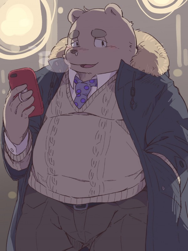 anthro belly big_belly blush bottomwear brown_body cellphone clothed clothing electronics humanoid_hands kemono male open_clothing open_shirt open_topwear overweight overweight_anthro overweight_male pants phone shirt smartphone solo sweater topwear dv-ch bear mammal 2018 hi_res