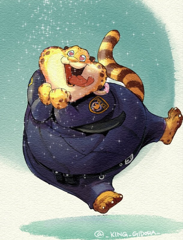 anthro clothed clothing fur male police police_uniform solo uniform gidora_(artist) disney zootopia benjamin_clawhauser cheetah felid feline mammal 2017