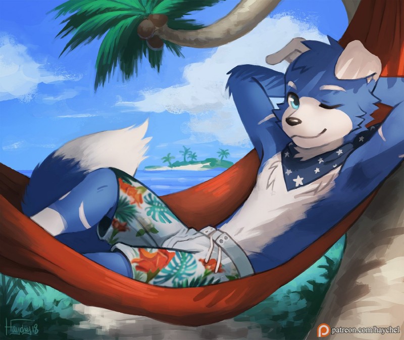 anthro ascot beach black_nose blue_body blue_eyes blue_fur blue_tail bottomwear close-up clothed clothing cloud coconut day dipstick_tail drupe_(fruit) eyebrows floppy_ears food fruit fur hammock hands_behind_head island kerchief looking_at_viewer male markings multicolored_body multicolored_fur multicolored_tail navel neckerchief neckwear one_eye_closed outside palm_tree plant relaxing sea seaside shadow shorts sky smile solo swimming_trunks swimwear tail tail_markings text topless tree two_tone_body two_tone_fur two_tone_tail water white_body white_eyebrows white_fur white_tail wink haychel canid canine canis domestic_dog mammal 2018 english_text hi_res signature url