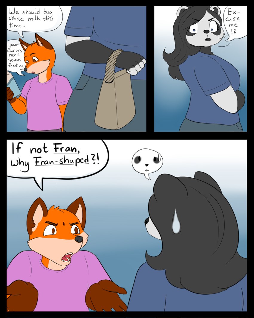 anthro big_breasts breasts clothed clothing dialogue duo female fur hair looking_at_viewer male male/female simple_background text white_body white_fur wide_hips blackbetty lewis_gunn bear canid canine fox giant_panda mammal 4:5 comic english_text hi_res