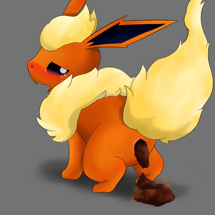 ambiguous_gender blush bodily_fluids crouching feces feral looking_back open_mouth pooping saliva scatplay simple_background solo tears nekosuna5115 nintendo pokemon eeveelution flareon generation_1_pokemon pokemon_(species) 1:1 hi_res