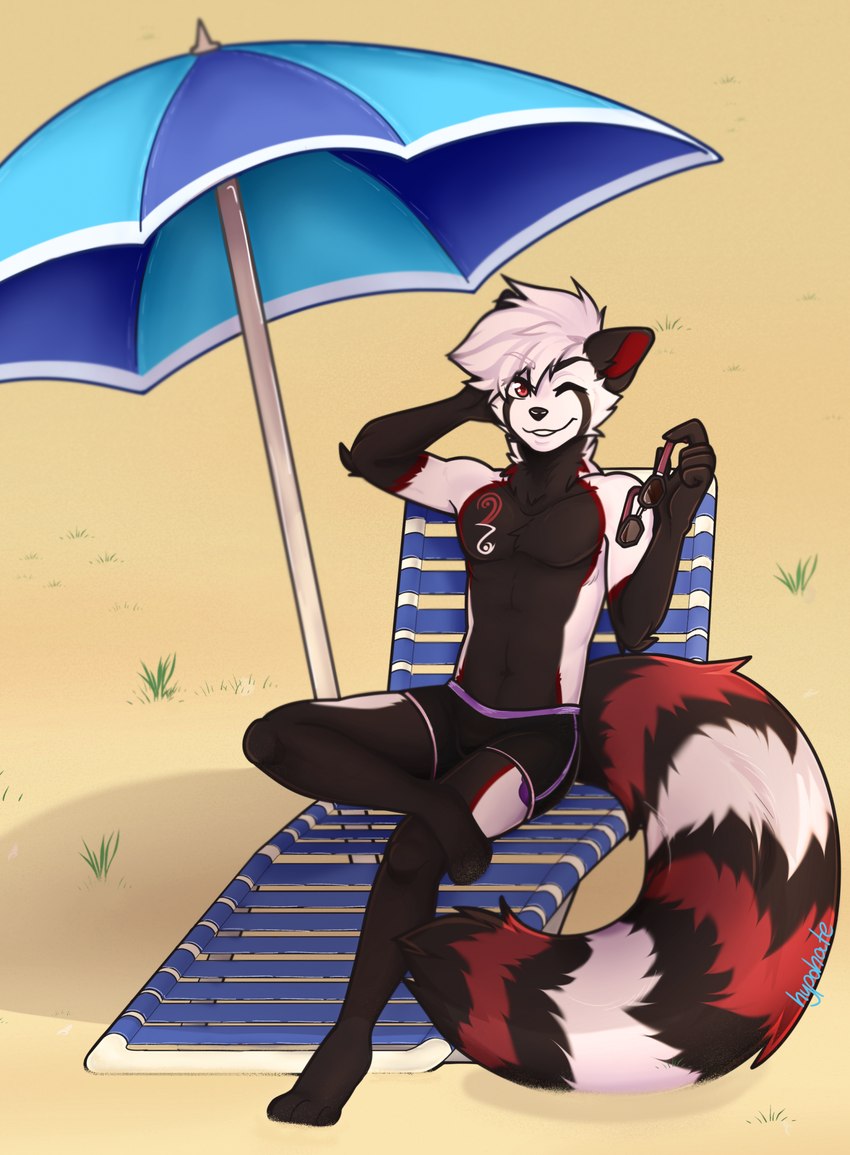 anthro beach beach_chair beach_umbrella biped black_body black_fur black_nose chair crossed_legs eyewear fur furniture male on_chair one_eye_closed parasol red_body red_fur sitting sitting_on_chair solo sunglasses white_body white_fur hypohate ester_(theoneester) ailurid mammal red_panda hi_res