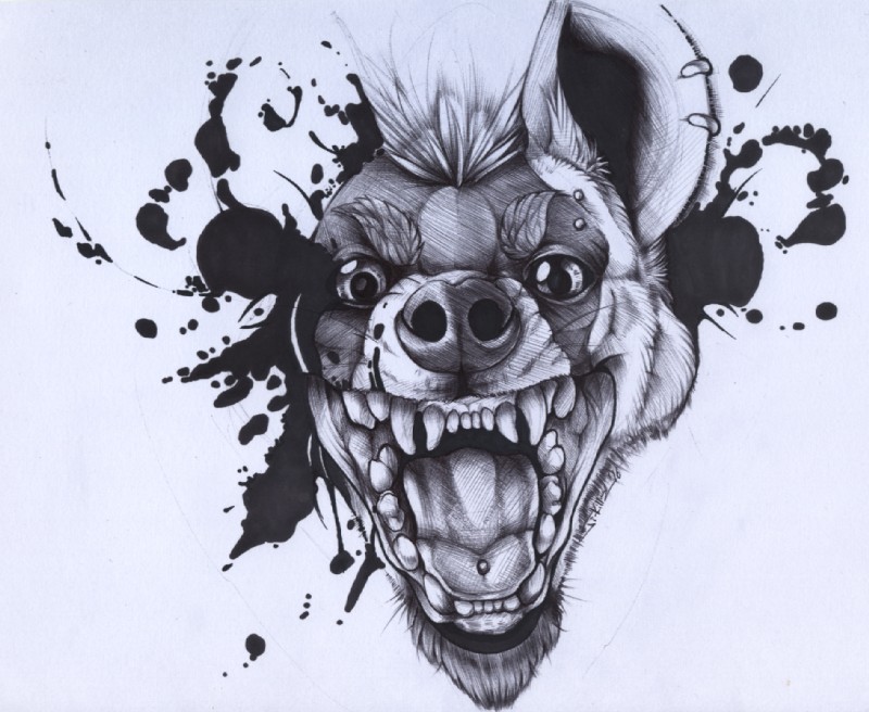 ear_piercing eyebrow_piercing facial_piercing looking_at_viewer male open_mouth piercing solo tongue tongue_piercing killingtea ratze hyena mammal spotted_hyena greyscale monochrome