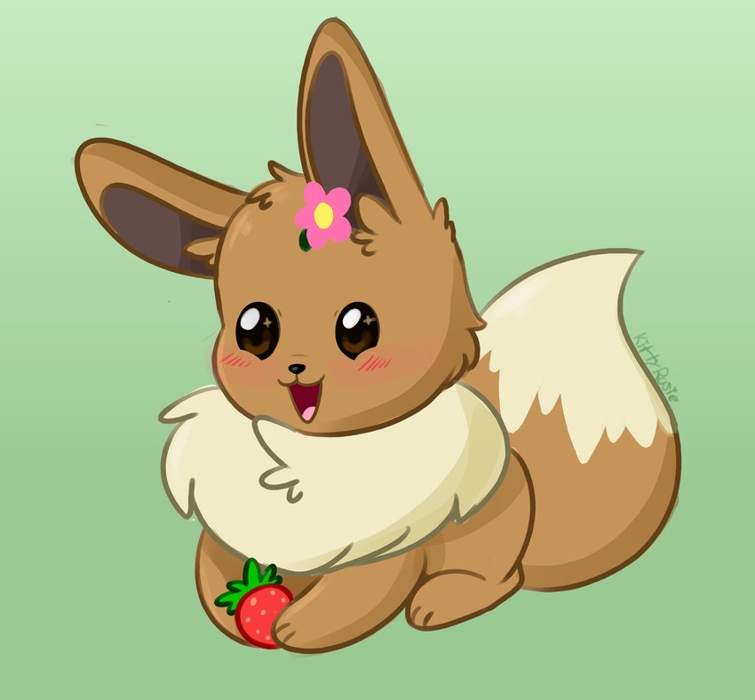 accessory ambiguous_gender blush brown_body brown_eyes brown_fur feral floral flower flower_accessory flower_hair_accessory flower_on_head fluffy fluffy_tail food fruit fur green_background hair_accessory neck_tuft plant quadruped simple_background solo strawberry tail tongue tuft white_body white_fur kittyrosie nintendo pokemon eevee generation_1_pokemon pokemon_(species) 2021 absurd_res hi_res