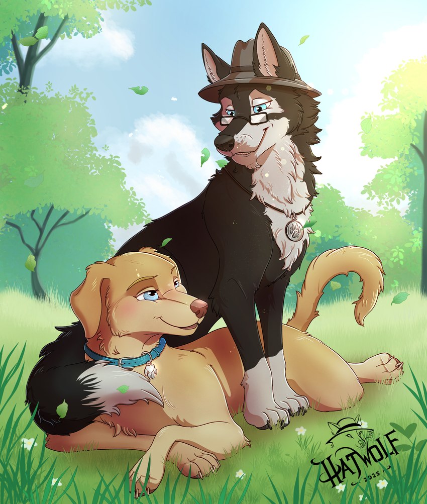 bedroom_eyes blue_eyes blush claws clothing countershade_face countershade_torso countershading dipstick_tail duo eyewear female feral floppy_ears fur grass_field hair headgear headwear leaves_blowing love male male/female markings narrowed_eyes nature nature_background plant quadruped romantic romantic_couple seductive sky smile tail tail_markings teeth_showing tree white_body white_fur hatwolf hatwolf_(character) bird_dog canid canine canis domestic_dog hunting_dog labrador mammal retriever wolf 2025 absurd_res colored digital_drawing_(artwork) digital_media_(artwork) full-length_portrait hi_res portrait shaded signature