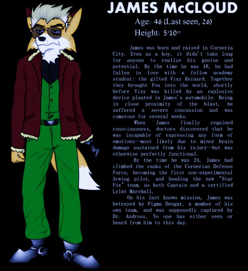 anthro biped clothed clothing dipstick_ears dipstick_tail ear_markings eyewear fully_clothed hair male markings mature_male missing_arm multicolored_ears multicolored_hair prosthetic prosthetic_arm prosthetic_limb solo sunglasses tail tail_markings text fredryk_phox a_fox_in_space nintendo star_fox james_mccloud canid canine fox mammal 2011 archived_source english_text