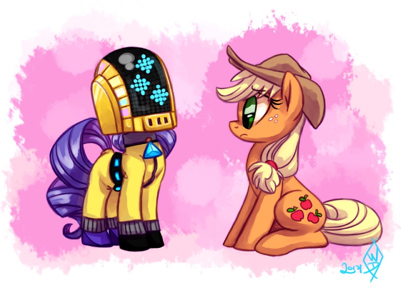 blonde_hair clothing cutie_mark duo female feral freckles green_eyes hair hat headgear headwear purple_hair whitediamonds daft_punk friendship_is_magic hasbro my_little_pony applejack_(mlp) rarity_(mlp) earth_pony equid equine horse mammal pony