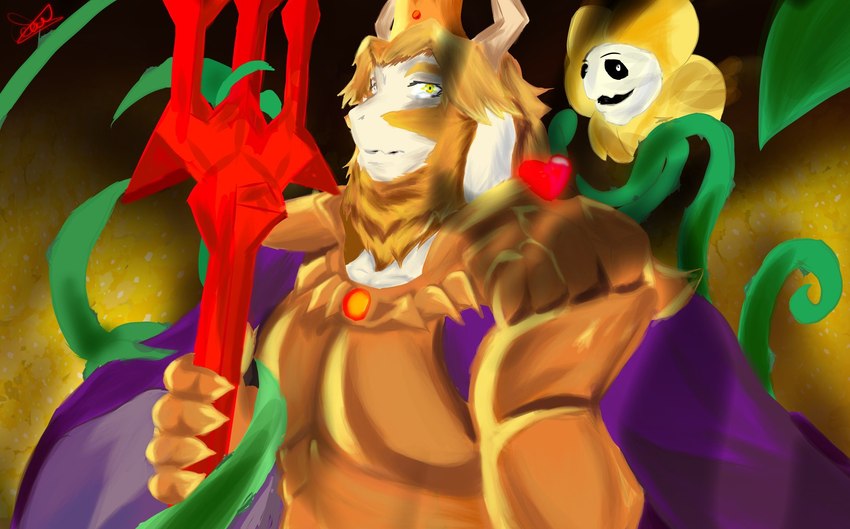 anthro armor beard blonde_hair cape clothing duo facial_hair fur gold_(metal) gold_armor hair holding_object holding_weapon horn long_ears looking_at_another male melee_weapon plant polearm purple_cape purple_clothing trident weapon white_body white_fur yellow_eyes gaek undertale undertale_(series) asgore_dreemurr flowey_the_flower boss_monster_(undertale) elemental_creature flora_fauna digital_media_(artwork) digital_painting_(artwork) hi_res