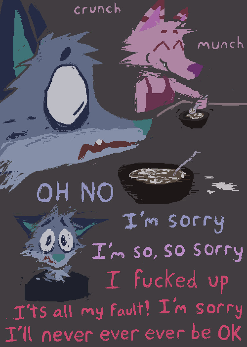 anthro apology black_clothing black_shirt black_t-shirt black_topwear blue_body blue_fur cereal clothing cutlery directional_arrow duo female food fur furniture holding_spoon kitchen_utensils male milk pink_body pink_fur profanity sad shirt spoon t-shirt table text tools topwear demensa emil_(demensa) canid canine canis coyote domestic_dog mammal 2023 comic digital_media_(artwork) english_text hi_res pixel_(artwork)