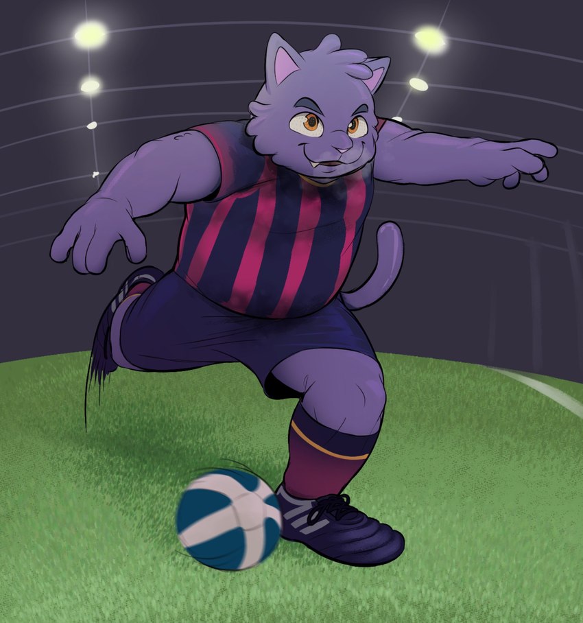 4_fingers anthro ball biped bodily_fluids cat_costume cleats clothed clothing costume fingers fur kick long_tail male mask overweight overweight_male purple_body purple_fur soccer soccer_ball soccer_uniform solo sport sportswear sweat tail uniform yellow_eyes owy mittens_(panapoliz) domestic_cat felid feline felis mammal 2024 digital_drawing_(artwork) digital_media_(artwork) hi_res