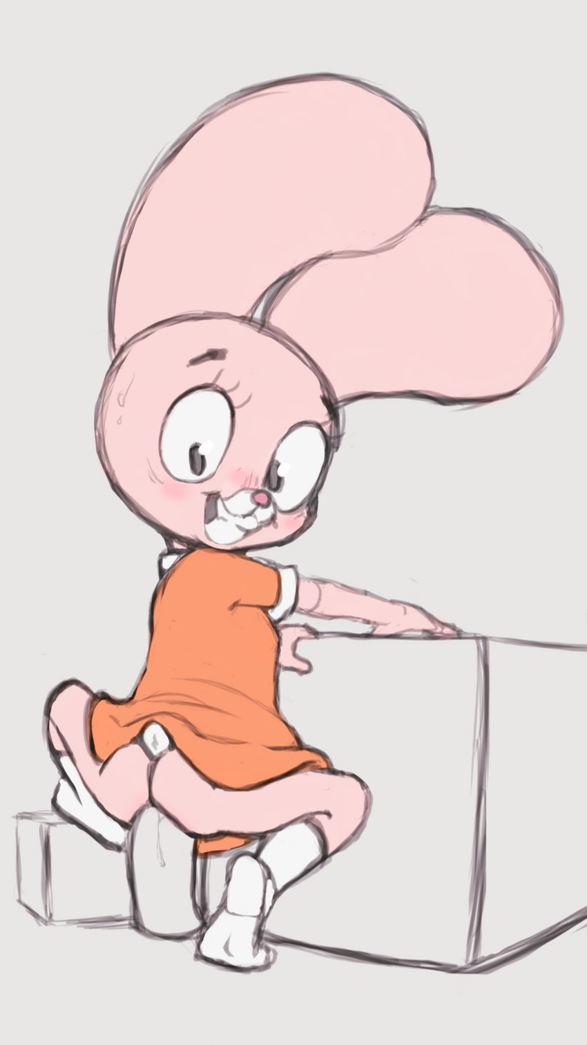 ambiguous_masturbation anthro blush butt clothed clothing dildo female hair looking_back pink_hair sex_toy smile solo teeth young young_anthro howl_echoes cartoon_network the_amazing_world_of_gumball anais_watterson lagomorph leporid mammal rabbit 2023 hi_res