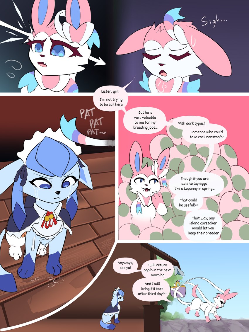 blue_body blush clothing dialogue egg fur hair headpat open_mouth pokemon_egg simple_background text white_body utopianvee nintendo pokemon pokemon_unite jenny_(utopian_vee) mochi_(snowyembers) eeveelution generation_4_pokemon generation_6_pokemon glaceon mammal pokemon_(species) sylveon 3:4 absurd_res comic digital_media_(artwork) english_text hi_res