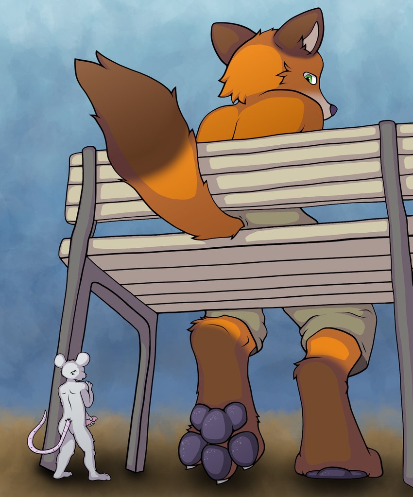 3_toes anthro bench bottomwear brown_body brown_fur candid chair clothing dirt duo extreme_size_difference feet foot_fetish foot_focus fur furniture genitals green_eyes grey_body grey_fur hand_on_penis hindpaw looking_down male male/male masturbation micro nude oblivious on_chair orange_body orange_fur pants pawpads paws penis rear_view shirtless shorts size_difference tail toes kiwifizz disney zootopia nick_wilde canid canine fox house_mouse mammal mouse murid murine rat rodent cel_shading hi_res shaded