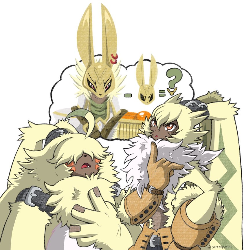 anthro clothing duo fur gloves hair hair_over_eyes handwear imagining long_ears male mask ponytail_ears shirtless thought_bubble yellow_body yellow_fur portugueselynx bandai_namco digimon digimon_ghost_game angoramon diarbbitmon digimon_(species) humanoid lagomorph leporid mammal rabbit symbareangoramon hi_res