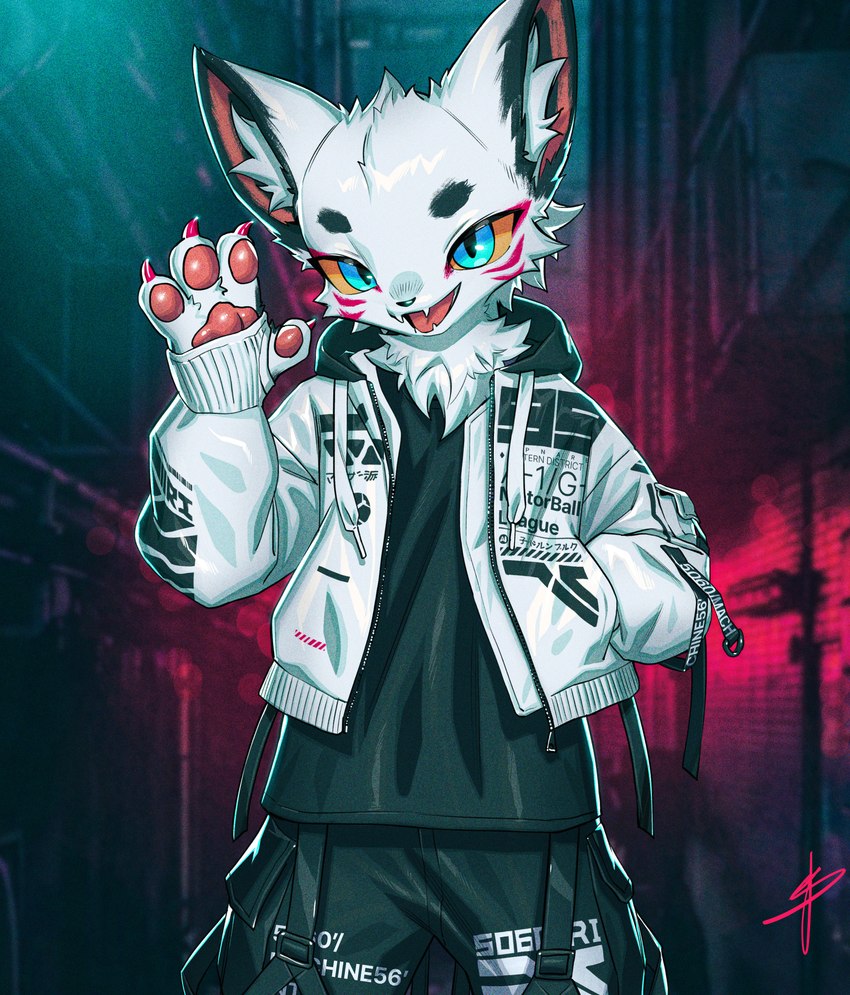 4_fingers anthro biped blue_eyes bomber_jacket cheek_tuft chest_tuft claw_glint claws clothed clothing facial_tuft fangs finger_claws fingerpads fingers front_view fully_clothed fur gesture glint glistening glistening_claws hand_in_pocket inner_ear_fluff jacket male male_anthro open_mouth open_smile orange_sclera pawpads pink_claws pink_pawpads pockets smile smiling_at_viewer solo standing teeth topwear tuft waving waving_at_viewer white_body white_clothing white_fur white_jacket white_topwear zipper blaedic machine56 makura_(pixer3575) canid canine mammal 2023 absurd_res hi_res portrait three-quarter_portrait