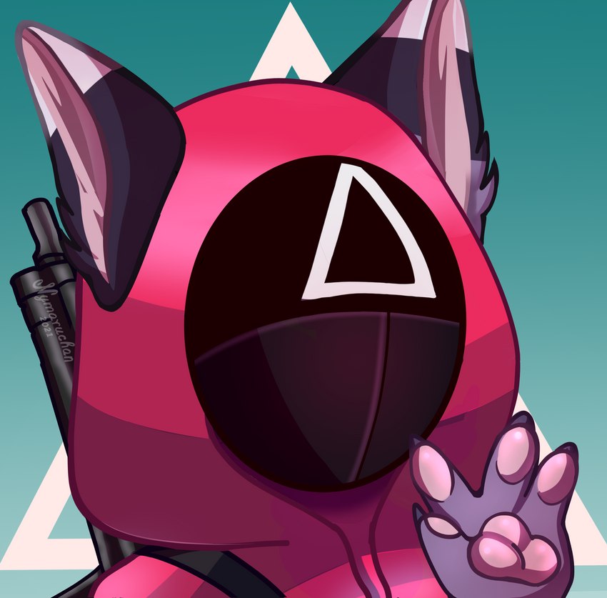 anthro black_claws claws clothing dipstick_ears ear_markings fur gun mask multicolored_ears pawpads pink_pawpads purple_body purple_fur ranged_weapon solo weapon nymaruchan netflix squid_game guard_(squid_game) kehto canid canine fox mammal hi_res