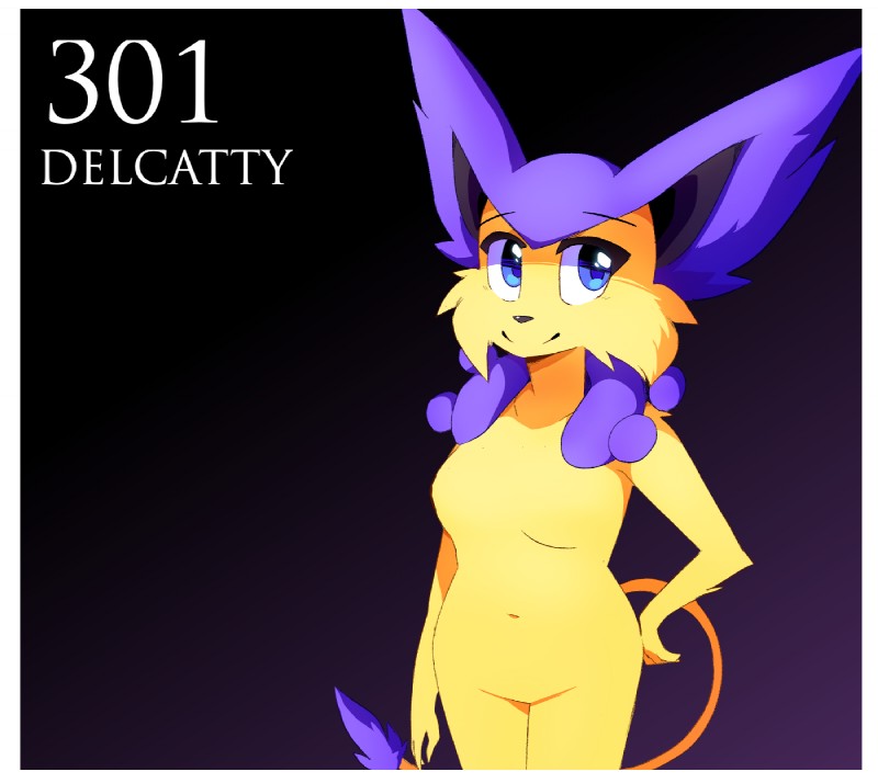 anthro anthrofied blue_eyes border breasts featureless_breasts featureless_crotch female fur hand_on_hip nude pokemorph purple_body purple_fur simple_background smile solo white_border yellow_body yellow_fur inget nintendo pokemon delcatty felid generation_3_pokemon mammal pokemon_(species) 2019 digital_media_(artwork) hi_res