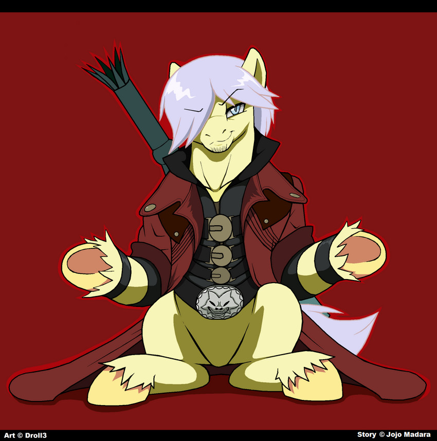 belt black_bars clothing coat_cape gesture hair hair_over_eye hooves male melee_weapon one_eye_obstructed ponification shrug simple_background sitting smug_face solo sword topwear vest weapon droll3 capcom devil_may_cry devil_may_cry_4 friendship_is_magic hasbro my_little_pony dante_(dmc) equid equine horse mammal pony crossover hi_res letterbox