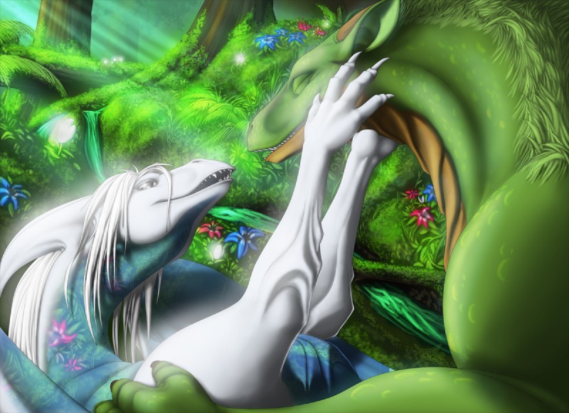 cuddling detailed_background duo eyes_closed female feral flower forest grass horn love male male/female moss nature outside plant romantic romantic_ambiance romantic_couple scales scenery smile translucent tree wings wood jackrow mythology celathys nihlidh dragon mythological_creature mythological_scalie scalie 2012