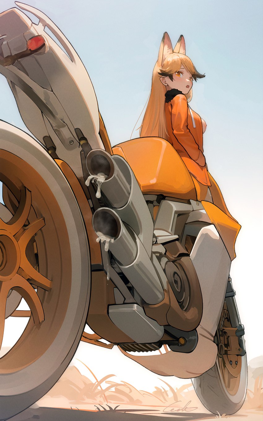 amber_eyes ambiguous_fluids back_focus blonde_hair bodily_fluids breasts cybernetics exhaust exhaust_pipe female genital_fluids hair machine motorcycle solo sweatshirt tailpipe vehicle corpsmanwelt kemono_friends ezo_red_fox_(kemono_friends) canid canid_taur canine canine_taur cyborg fox fox_taur humanoid living_machine living_vehicle mammal mammal_taur motorcycle_taur red_fox taur true_fox vehicle_taur 5:8 absurd_res hi_res